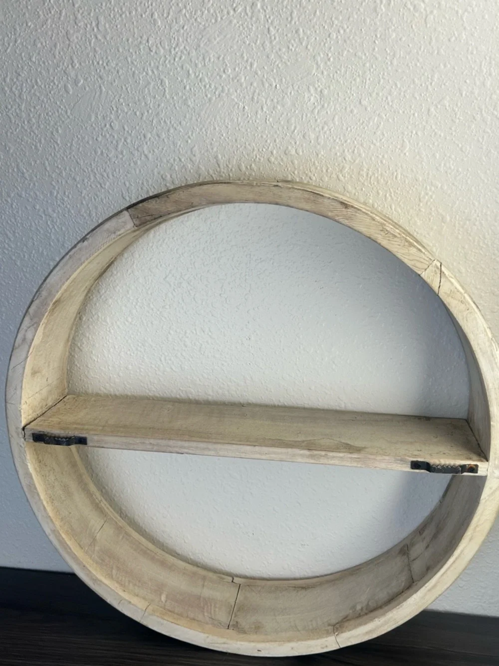 Vintage Round Wood Wall Shelf Rustic Whitewashed Farmhouse 20.5”
